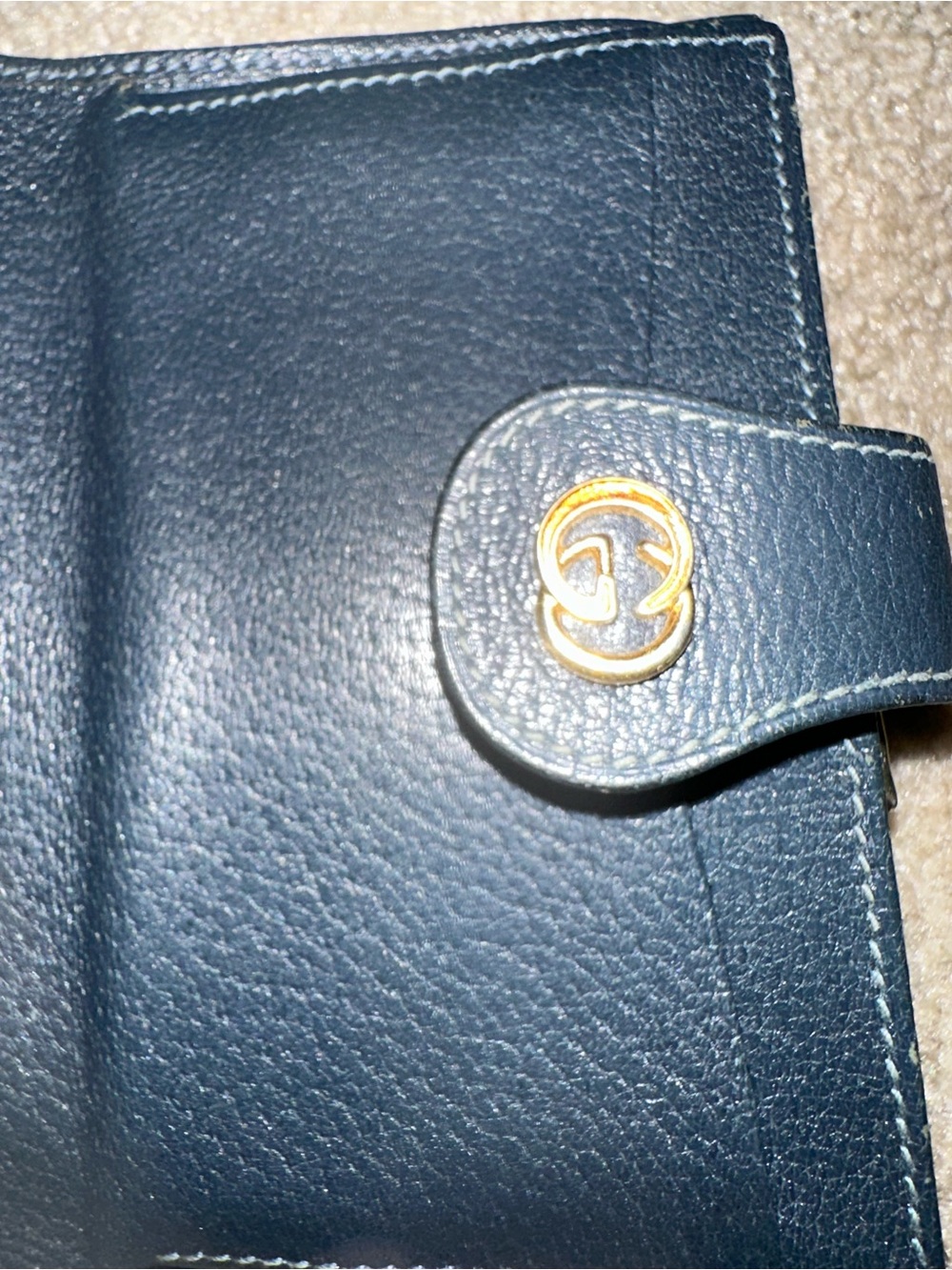 Gucci Beige and Navy Blue  GG Canvas Wallet with Gold Double G Accent - Picture 6 of 9